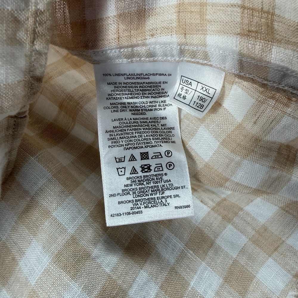 Brooks Brothers Mens XXL Tan White Gingham Linen Shirt Regent Fit Button Down - Picture 8 of 9